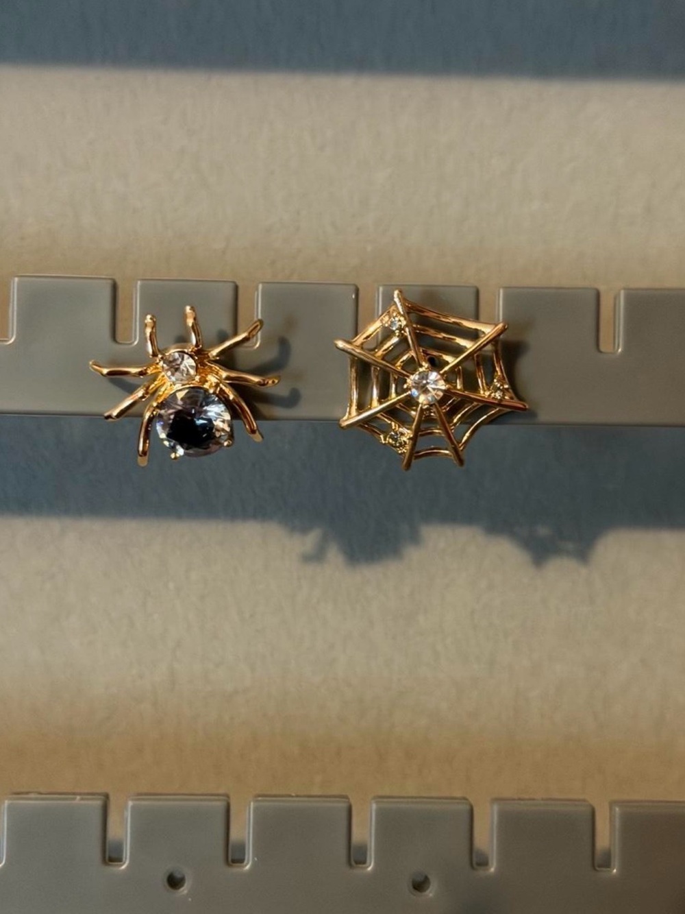 Gold Spider and Web Stud Earrings with Crystal Accent